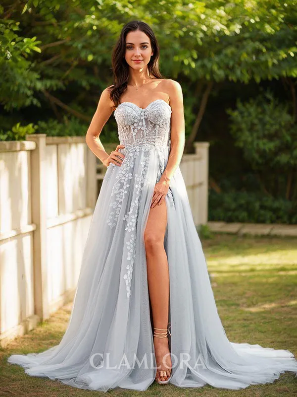 A-line Sweetheart Graceful Sleeveless Court Train Tulle Prom Dresses