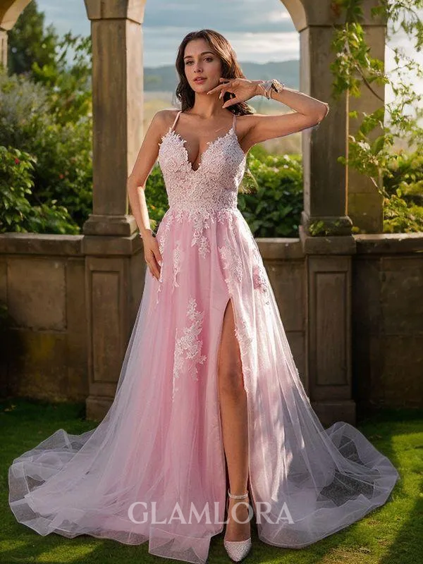 Modest A-line V-Neck Sleeveless Court Train Tulle Prom Dresses