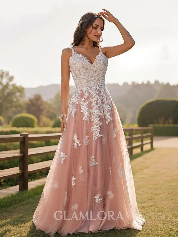A-line V-Neck Sleeveless Floor-Length Tulle Feminine Prom Dresses