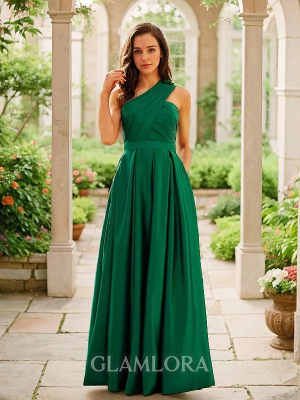 A-line One-Shoulder Chic Sleeveless Floor-Length Satin Prom Dresses
