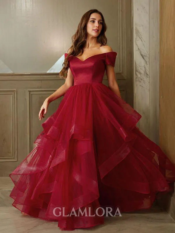 Flattering A-line Off-the-Shoulder Sleeveless Floor-Length Tulle Prom Dresses