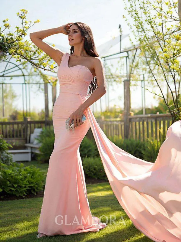 Sheath/Column Slinky One-Shoulder Sleeveless Sweep Train Silk like Satin Prom Dresses