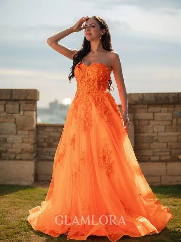 A-line Sweetheart Sleeveless Floor-Length Stunning Tulle Prom Dresses
