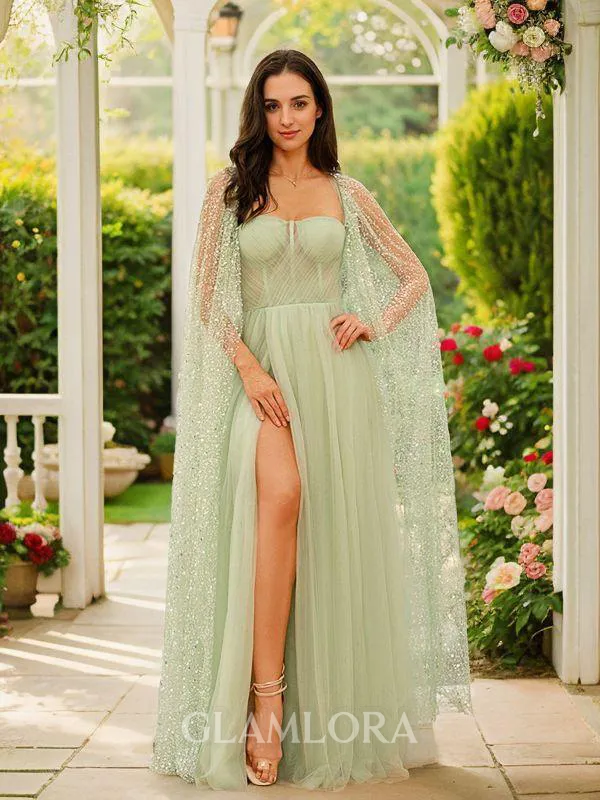 A-line Straps Sophisticated Long Sleeves Floor-Length Tulle Prom Dresses