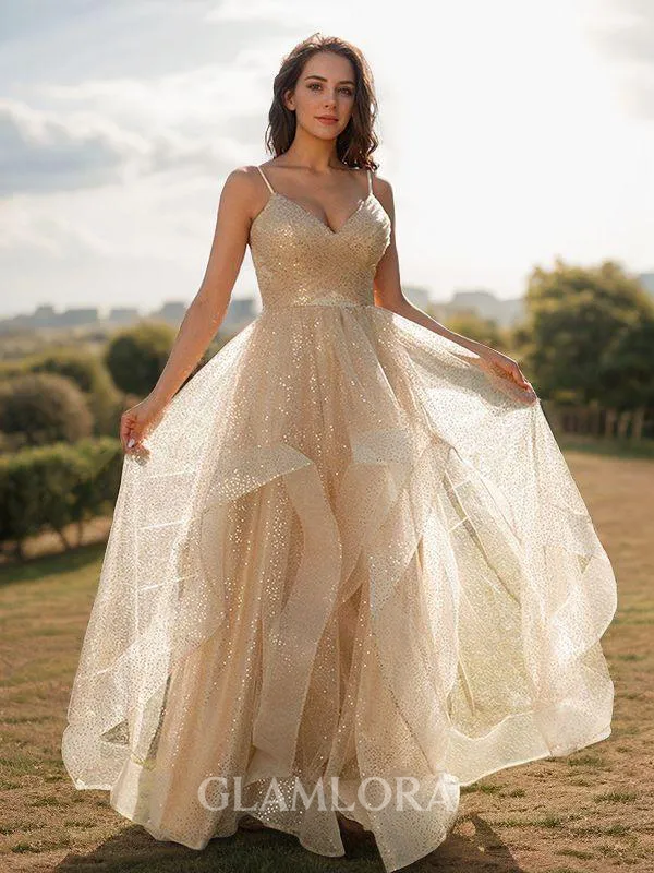 A-line V-Neck Subtle Sleeveless Floor-Length Open Back Prom Dresses