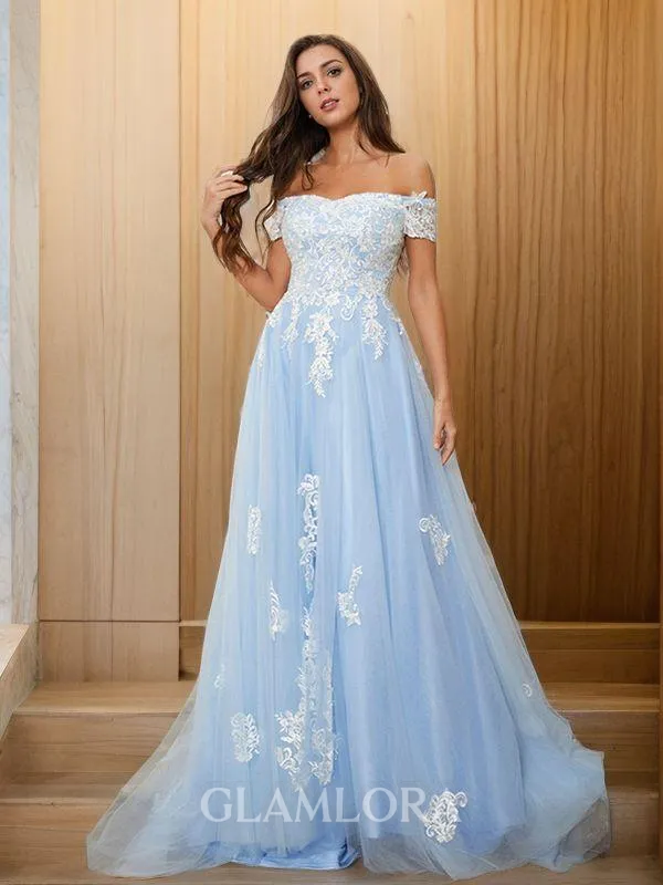 A-line Off-the-Shoulder Sleeveless Delicate Sweep Train Tulle Prom Dresses