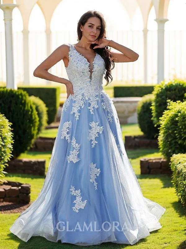 A-line Beautiful V-Neck Sleeveless Sweep Train Tulle Prom Dresses