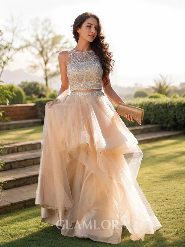 A-line Elegant Scoop Sleeveless Floor-Length Tulle Prom Dresses