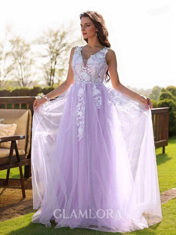Timeless A-line V-Neck Sleeveless Floor-Length Tulle Prom Dresses