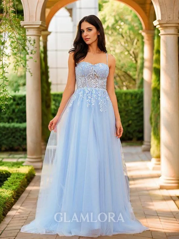 A-line Spaghetti Straps Timeless Sleeveless Sweep Train Tulle Prom Dresses