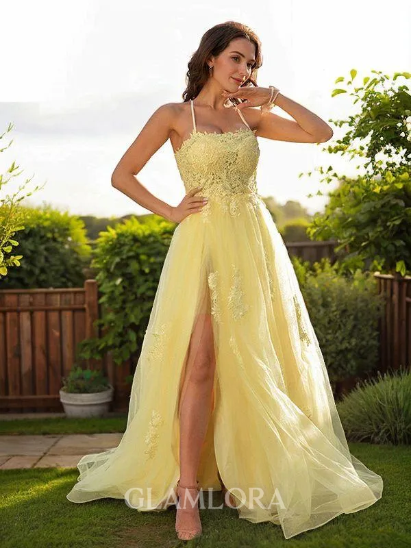 A-line Halter Sleeveless Sweep Train Classic Tulle Prom Dresses