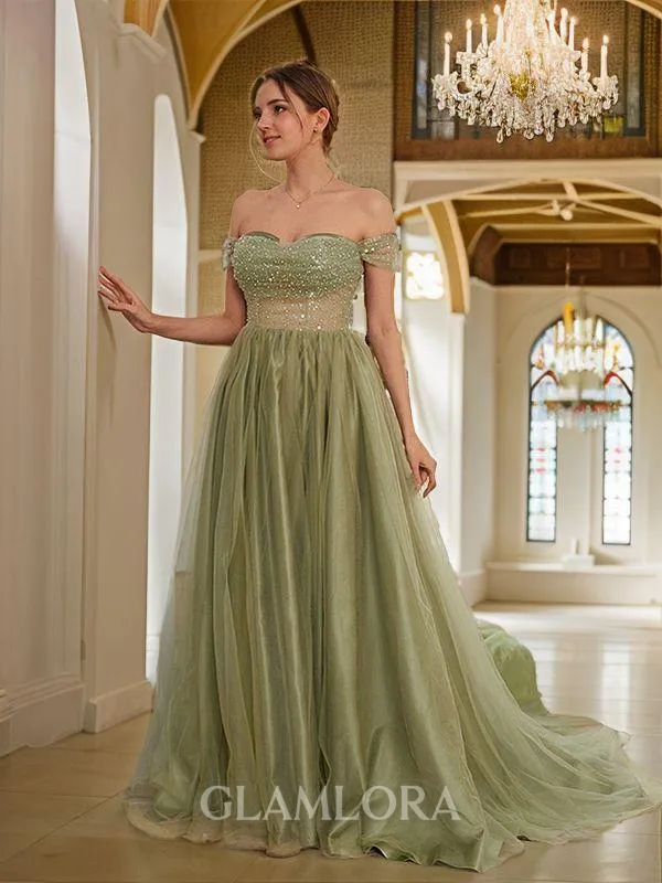 A-line Off-the-Shoulder Stunning Sleeveless Court Train Tulle Prom Dresses