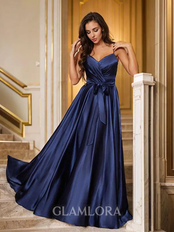 A-line V-Neck Sleeveless Floor-Length Silk like Satin Unique Prom Dresses