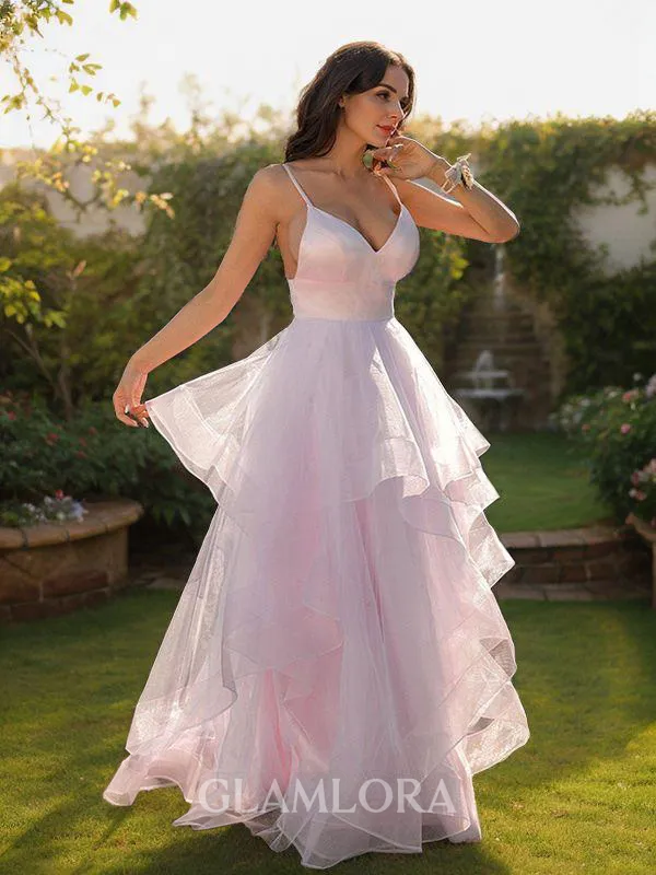 A-line V-Neck Sleeveless Simple Floor-Length Tulle Prom Dresses