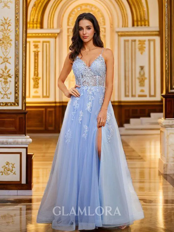 A-line V-Neck Simple Sleeveless Floor-Length Tulle Prom Dresses