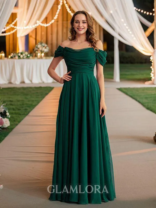 A-line Off-the-Shoulder Delicate Sleeveless Floor-Length 30D Chiffon Prom Dresses
