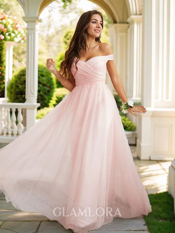 A-line Off-the-Shoulder Sleeveless Floor-Length Stunning Tulle Prom Dresses