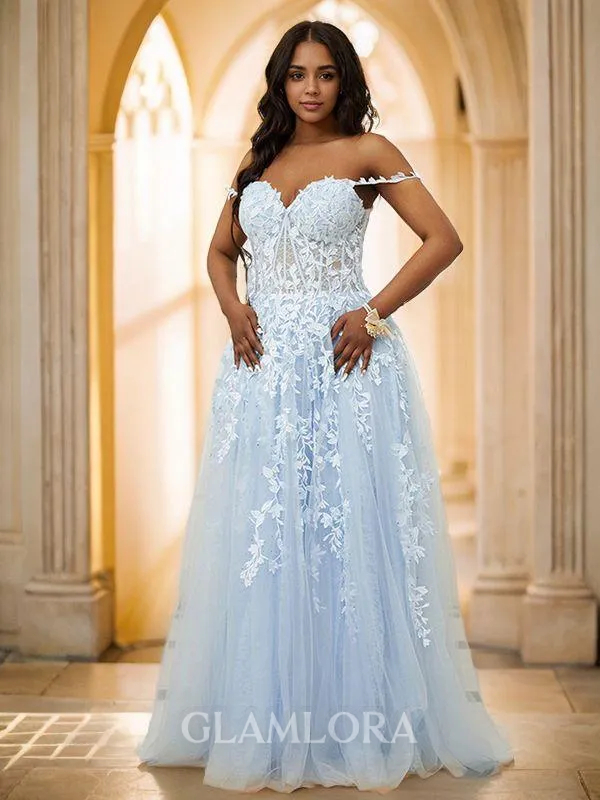 A-line Classy Off-the-Shoulder Sleeveless Floor-Length Tulle Prom Dresses