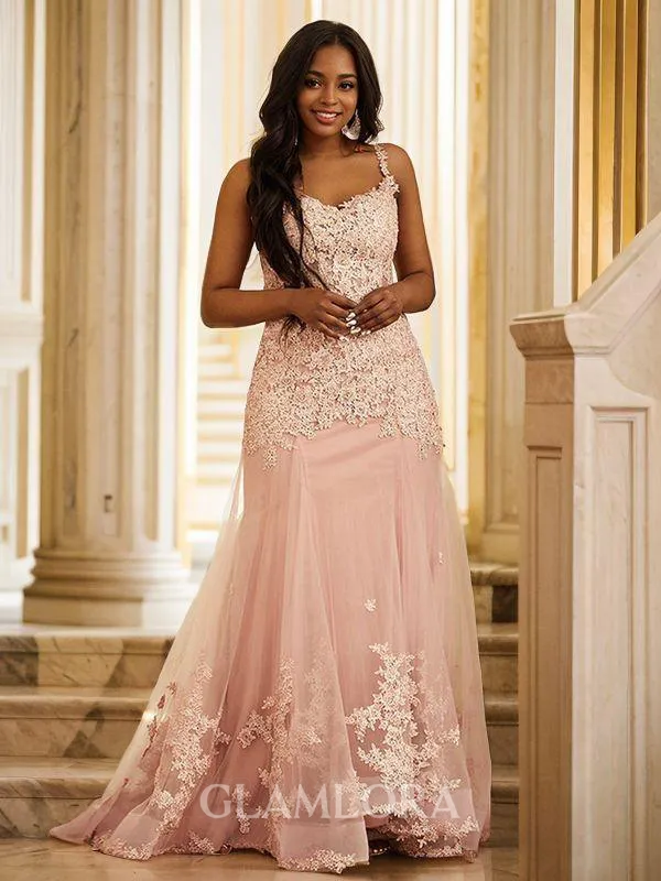 Fashion Sheath/Column Straps Sleeveless Sweep Train Tulle Prom Dresses