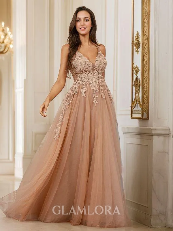 A-line V-Neck Unique Sleeveless Floor-Length Tulle Prom Dresses