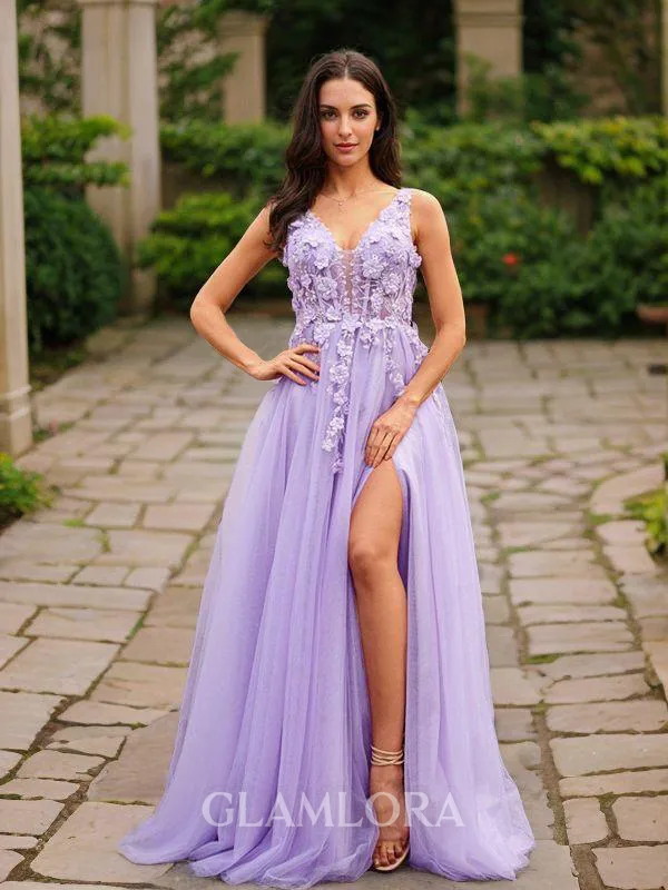 A-line V-Neck Flattering Sleeveless Floor-Length Tulle Prom Dresses