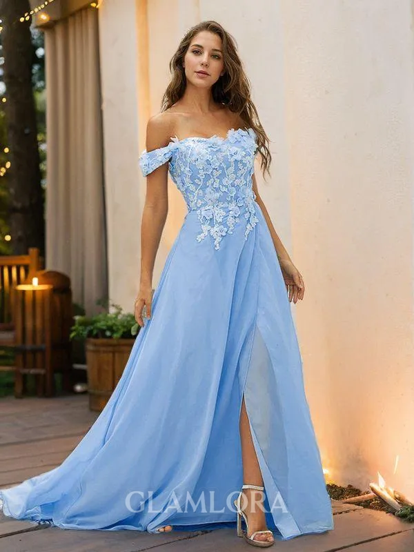 A-line Off-the-Shoulder Beautiful Sleeveless Sweep Train Chiffon Prom Dresses