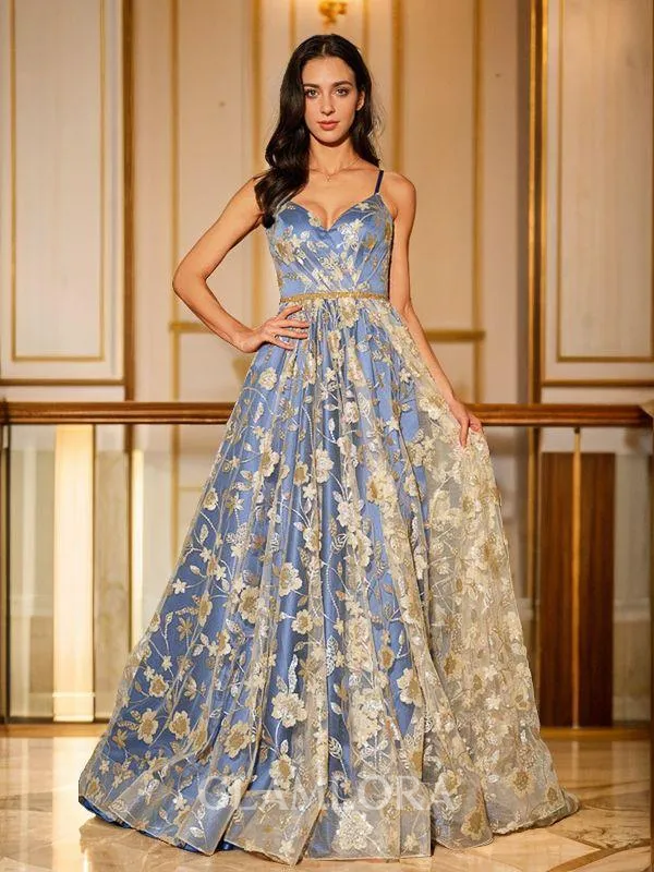 A-line V-Neck Stunning Sleeveless Court Train Satin Prom Dresses