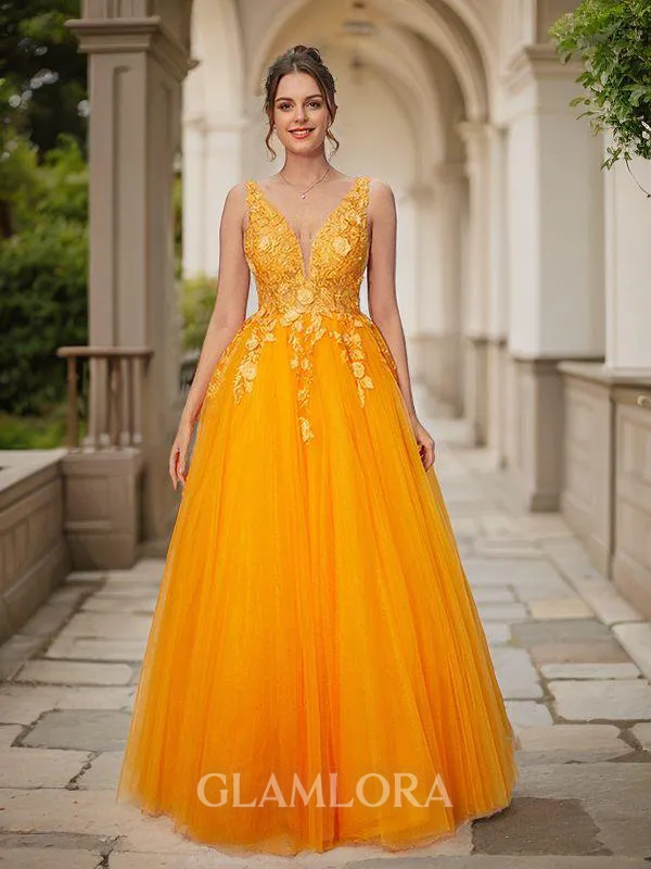 A-line V-Neck Chic Sleeveless Floor-Length Tulle Prom Dresses