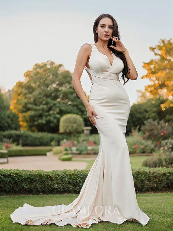 Sheath/Column V-Neck Empowering Sleeveless Sweep Train Stretch Crepe Prom Dresses