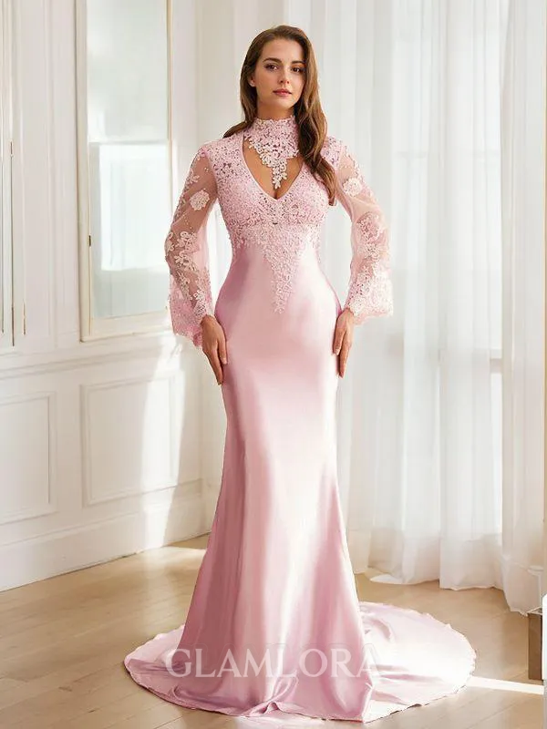 Sheath/Column High Neck Figure-hugging Long Sleeves Sweep Train Silk like Satin Prom Dresses
