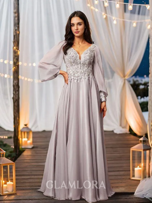 A-line V-Neck Subtle Long Sleeves Floor-Length 30D Chiffon Prom Dresses