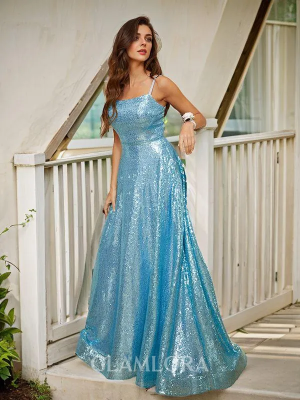 Bedazzling A-line Spaghetti Straps Sleeveless Sweep Train Sequins Prom Dresses