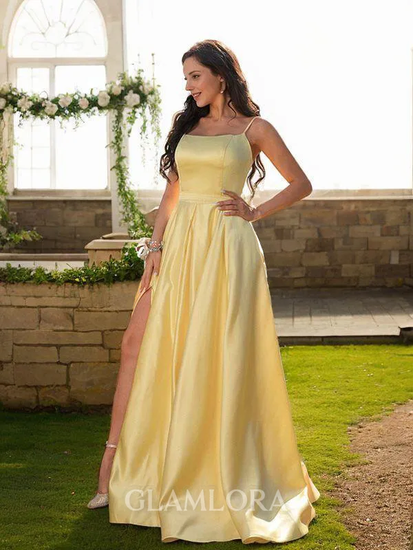 A-line Spaghetti Straps Sleeveless Sweep Train Refined Satin Prom Dresses