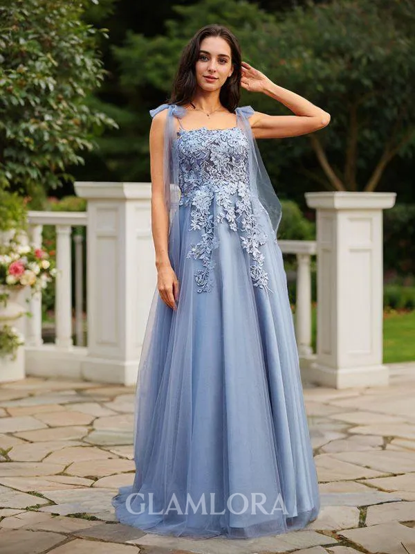 A-line Straps Flowing Sleeveless Floor-Length Tulle Prom Dresses