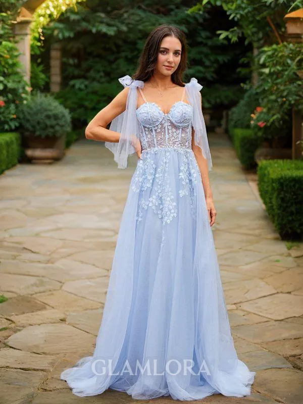 A-line Straps Charming Sleeveless Sweep Train Tulle Prom Dresses
