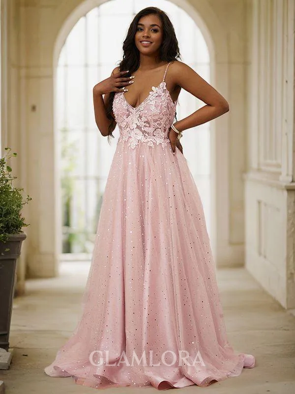 Dazzling A-line V-Neck Sleeveless Sweep Train Tulle Prom Dresses