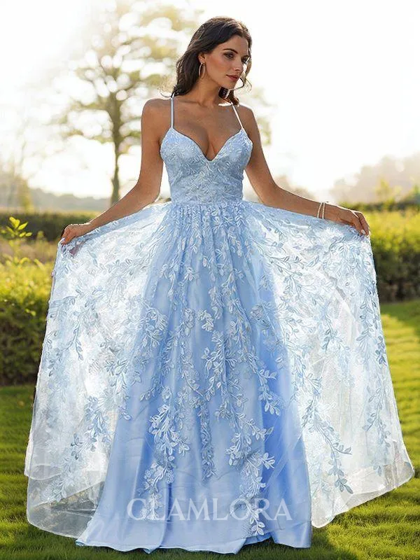 A-line V-Neck Sleeveless Sweep Train Flowing Lace Prom Dresses