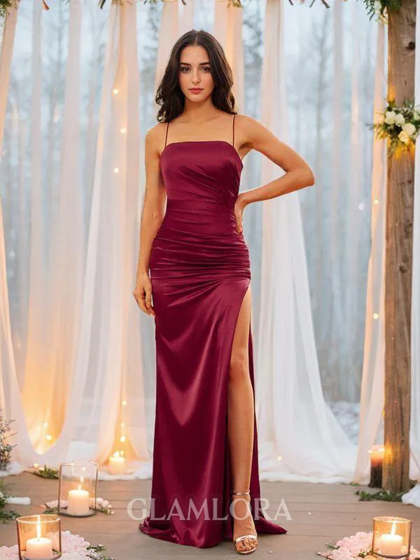 Sheath/Column Spaghetti Straps Modern Sleeveless Sweep Train Silk like Satin Prom Dresses