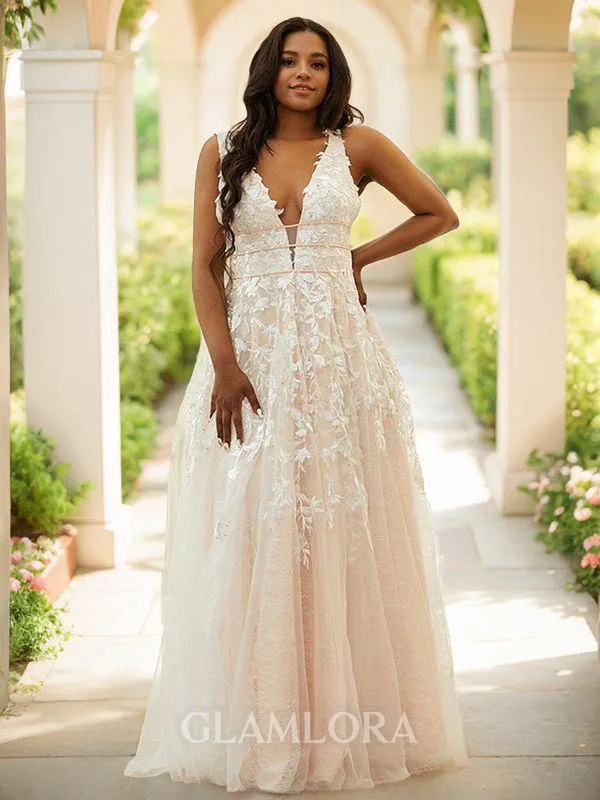 A-line Timeless V-Neck Sleeveless Floor-Length Tulle Prom Dresses