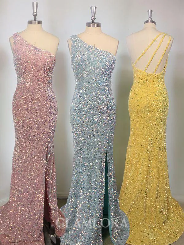 Sheath/Column One-Shoulder Sleeveless Luminescent Sweep Train Velvet Sequins Prom Dresses