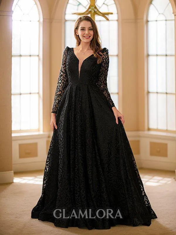 A-line V-Neck Exquisite Long Sleeves Sweep Train Lace Prom Dresses