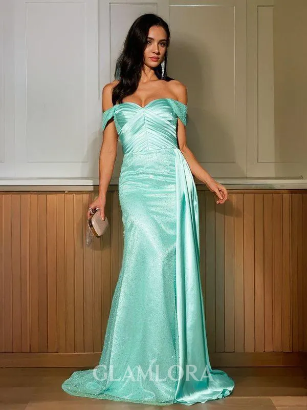 Sheath/Column Off-the-Shoulder Teasing Sleeveless Sweep Train Silk like Satin Prom Dresses