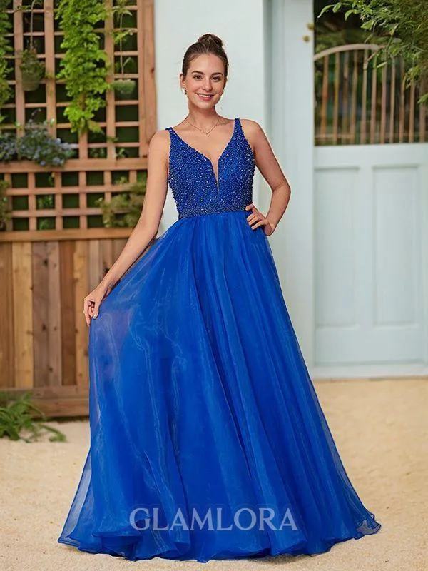A-line V-Neck Charming Sleeveless Floor-Length Organza Prom Dresses