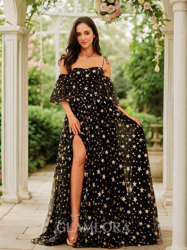 A-line Spaghetti Straps Dreamy Short Sleeves Court Train Lace Prom Dresses