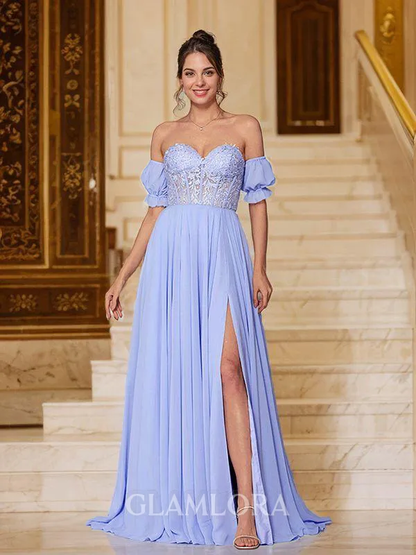 A-line Sweetheart Dreamy Short Sleeves Floor-Length Chiffon Prom Dresses