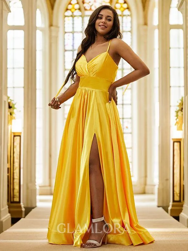 Classic A-line V-Neck Sleeveless Floor-Length Silk like Satin Prom Dresses
