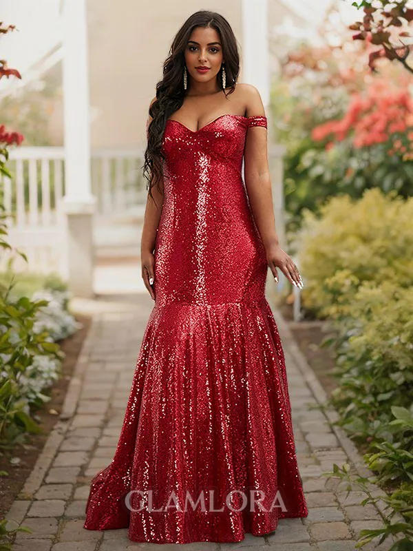 Trumpet/Mermaid Twinkling Off-the-Shoulder Sleeveless Floor-Length Sequins Prom Dresses