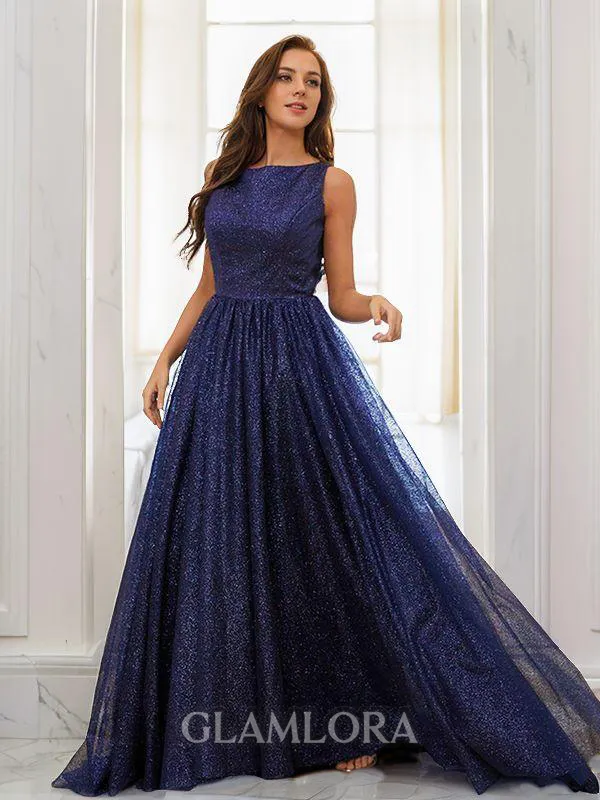 A-line Scoop Sleeveless Sweep Train Dazzling Prom Dresses