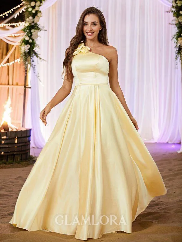 A-line One-Shoulder Glam Sleeveless Floor-Length Satin Prom Dresses