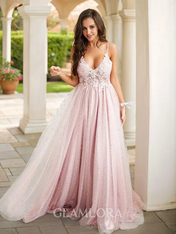 A-line V-Neck Sleeveless Sweep Train Dreamy Prom Dresses